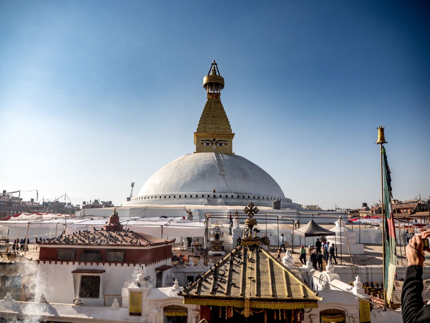 A temple with a round top peaking over all other brown buildings with its white and golden top