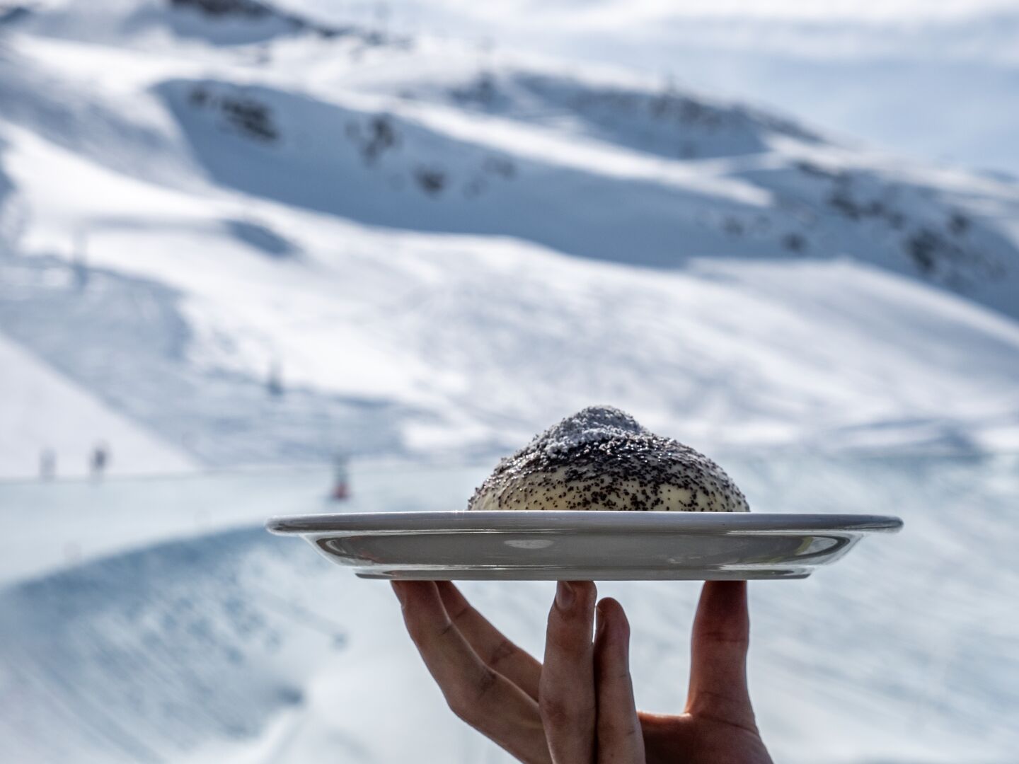 A hand holding a plate with a germ dumpling covered in sugar with a ski area in the background